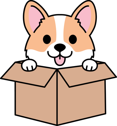 An adorable corgi popping out of a brown cardboard box, sticking out its tongue.