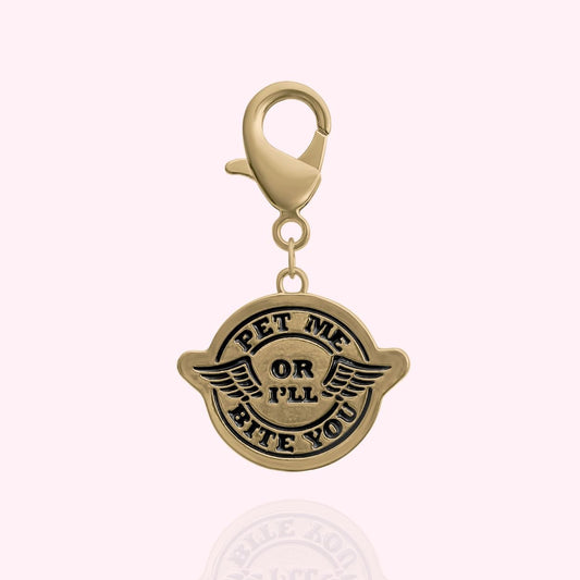 "Pet Me or I'll Bite You" Dog Collar Charm - Gold - Doggy Style Pet Products
