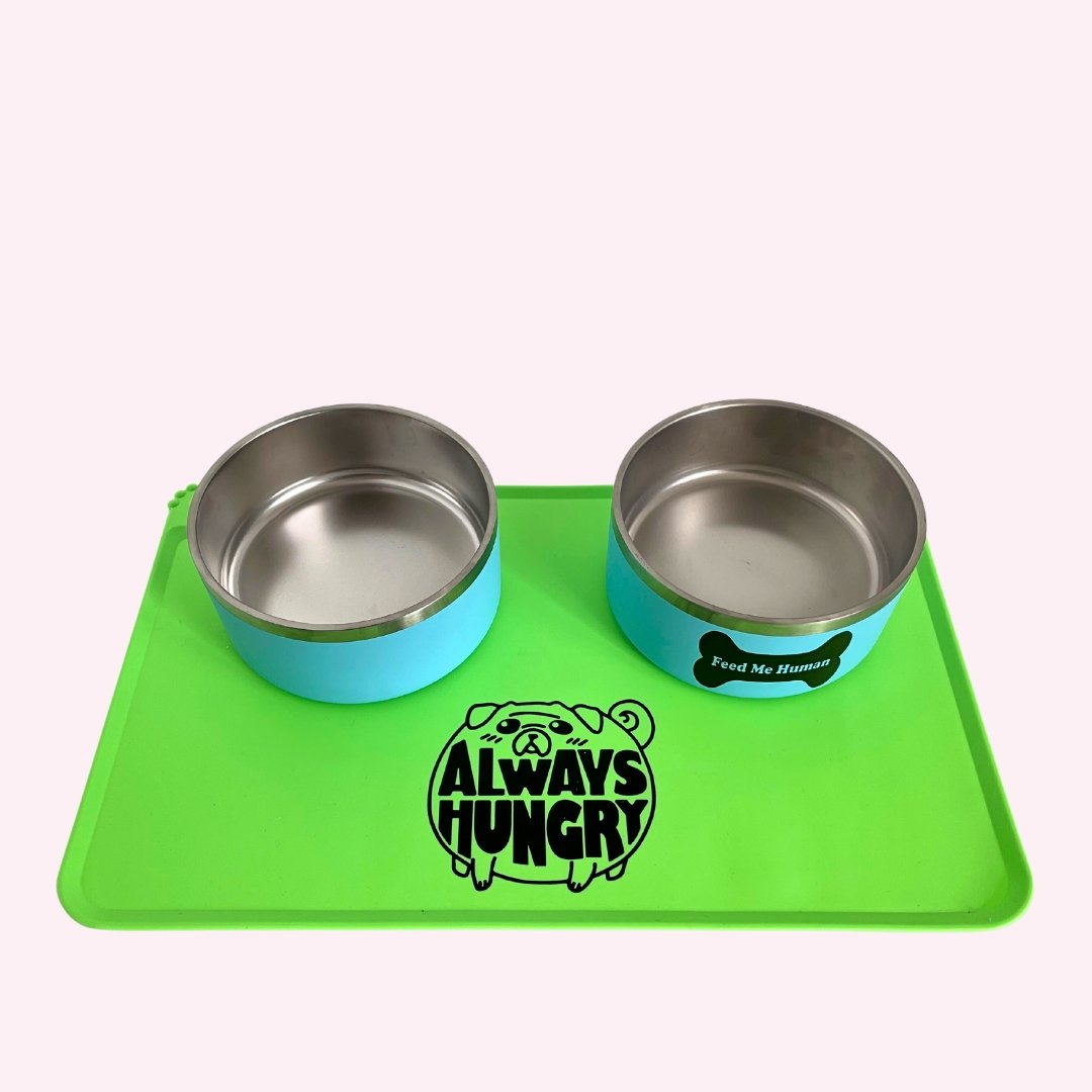 "Always Hungry" Dog Feeding Mat With Bowls - Doggy Style Pet Accessories
