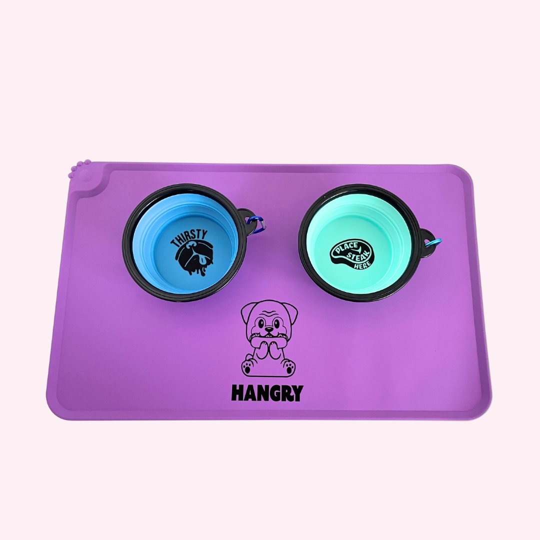 "Hangry" Dog Feeding Mat with Collapsible Bowls - Doggy Style Pet Accessories