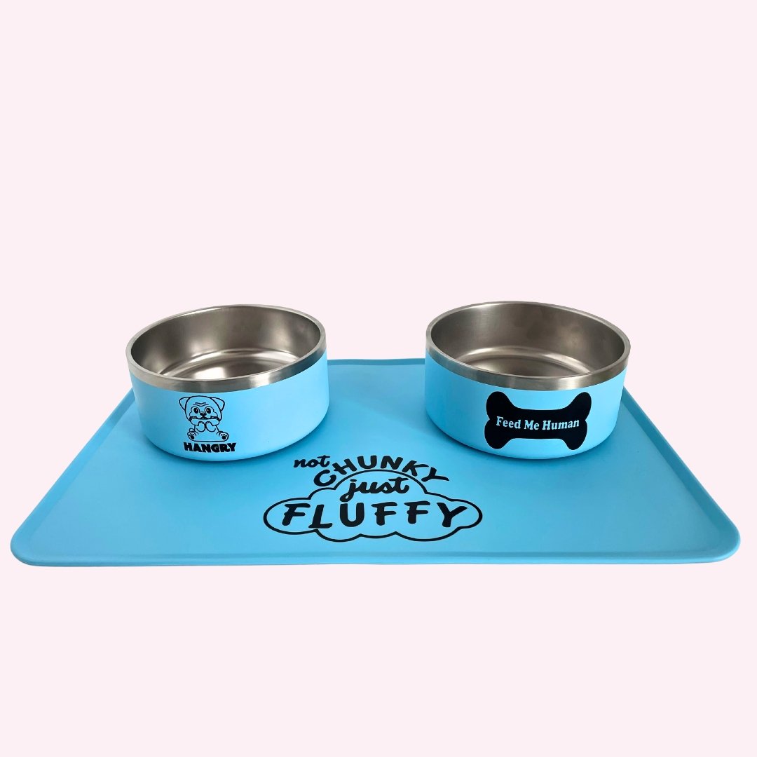 "Not Chunky Just Fluffy" Dog Feeding Mat Front Show with Bowls  - Doggy Style Pet Accessories